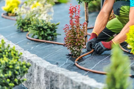 a technician checking pipes in a residential lawn irrigation system